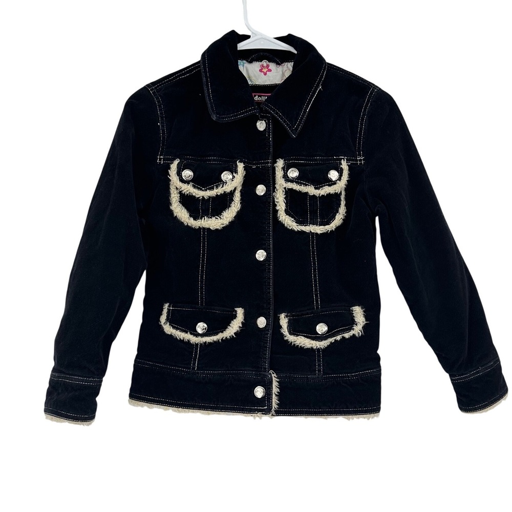 Dollhouse Y2K Black Corduroy Faux Fur Trim Quilted Floral Lined Trucker Jacket L